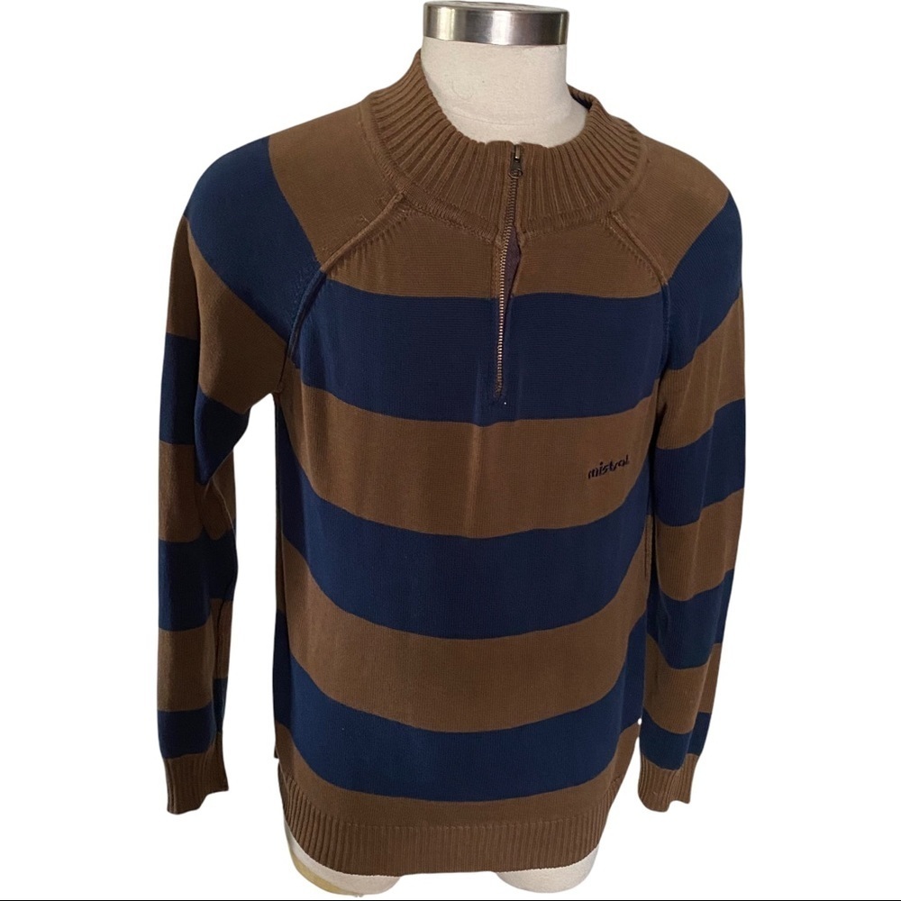 Vtg Mistral 1/4 Zip Brown & Blue Striped Color Block Knit Sweater Men M Women L